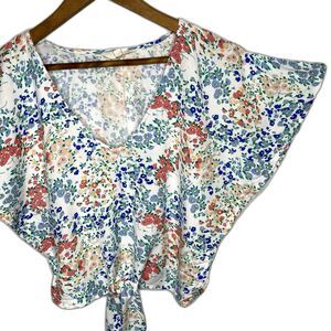 SIM & SAM Top Cropped Floral Tie V-Neck Cottagecore Croquette Blouse Womens XS